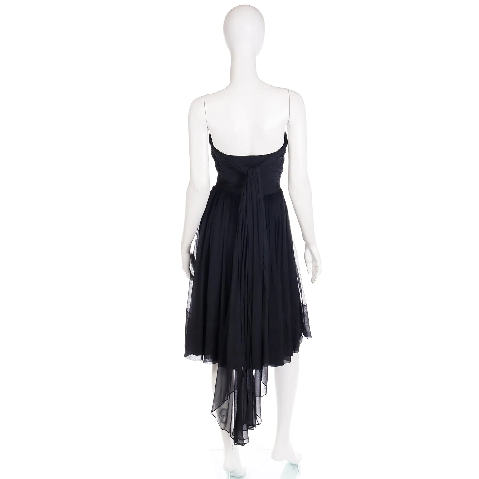 1960s Kay Selig Vintage Ruched Strapless Black Chiffon Evening Dress