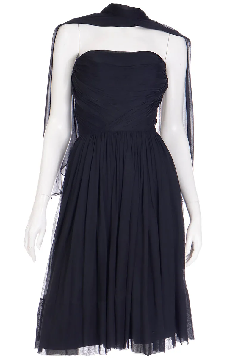 1960s Kay Selig Vintage Ruched Strapless Black Chiffon Evening Dress