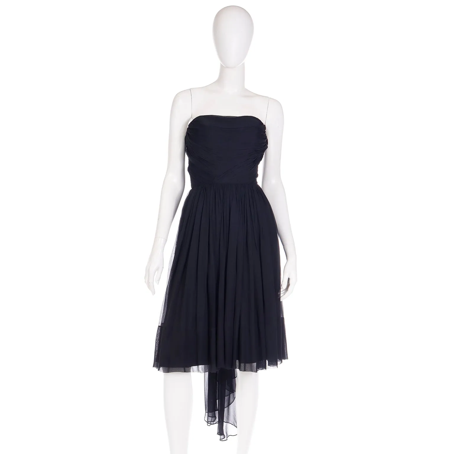 1960s Kay Selig Vintage Ruched Strapless Black Chiffon Evening Dress