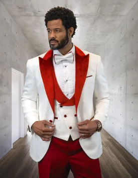 3pc Whitetuxedo Suit With Black Lape Fancy Jacket And Vest With Solid Color Pants. Including Bow Tie| HILTON| Red