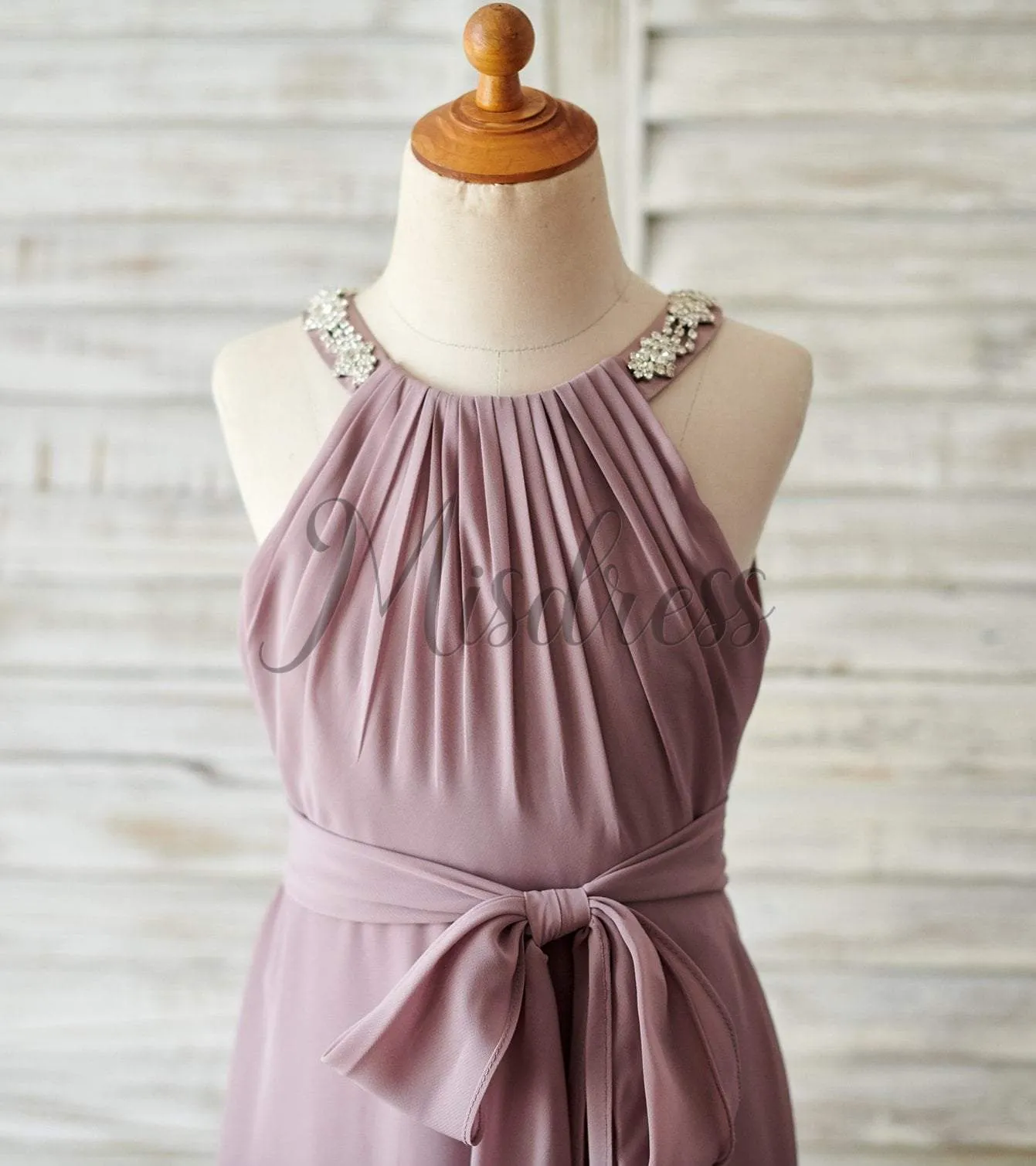 A-line Beaded Mauve Chiffon Floor Length Wedding Junior Bridesmaid Dress