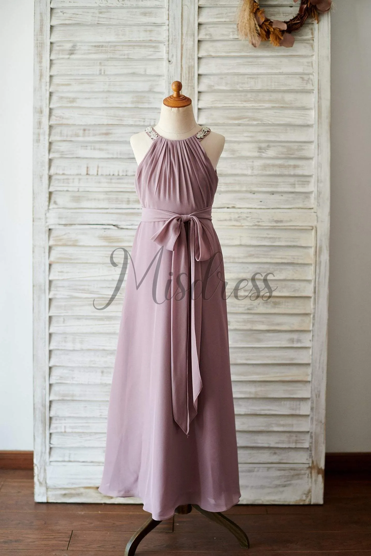 A-line Beaded Mauve Chiffon Floor Length Wedding Junior Bridesmaid Dress