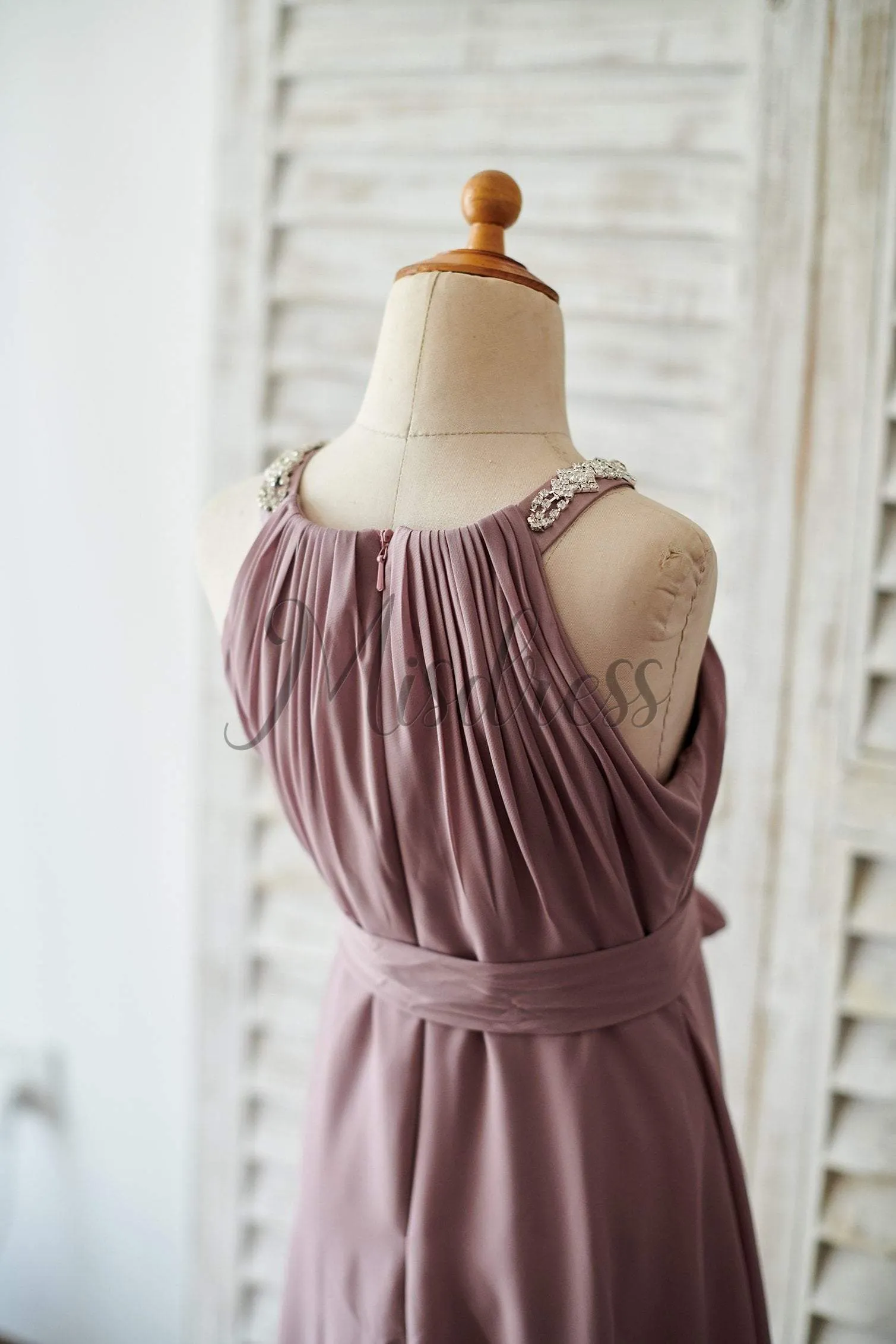 A-line Beaded Mauve Chiffon Floor Length Wedding Junior Bridesmaid Dress