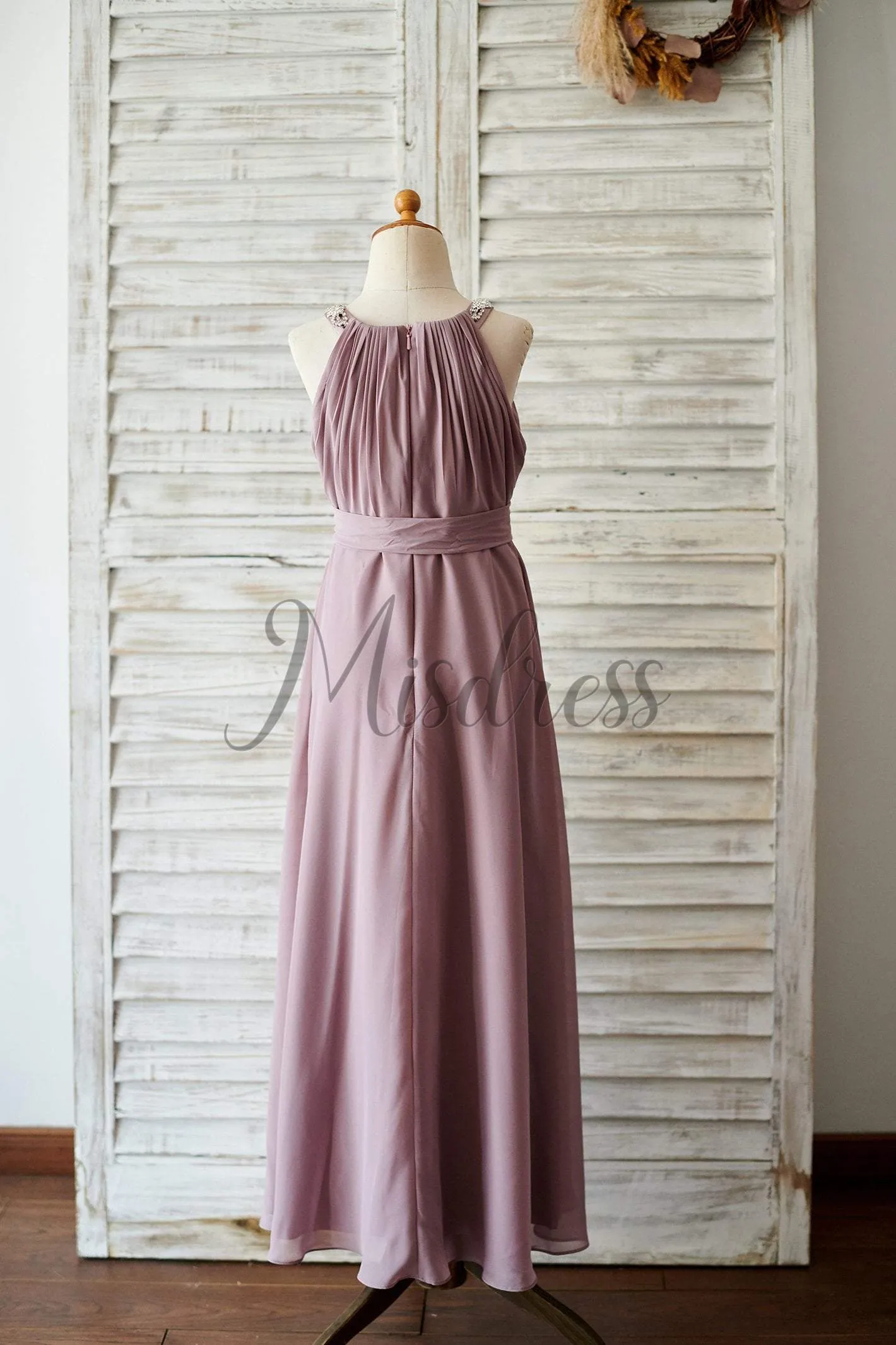 A-line Beaded Mauve Chiffon Floor Length Wedding Junior Bridesmaid Dress