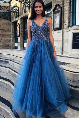 A Line Blue V Neck Beading Tulle Long Vintage Backless Prom Dresses WK87