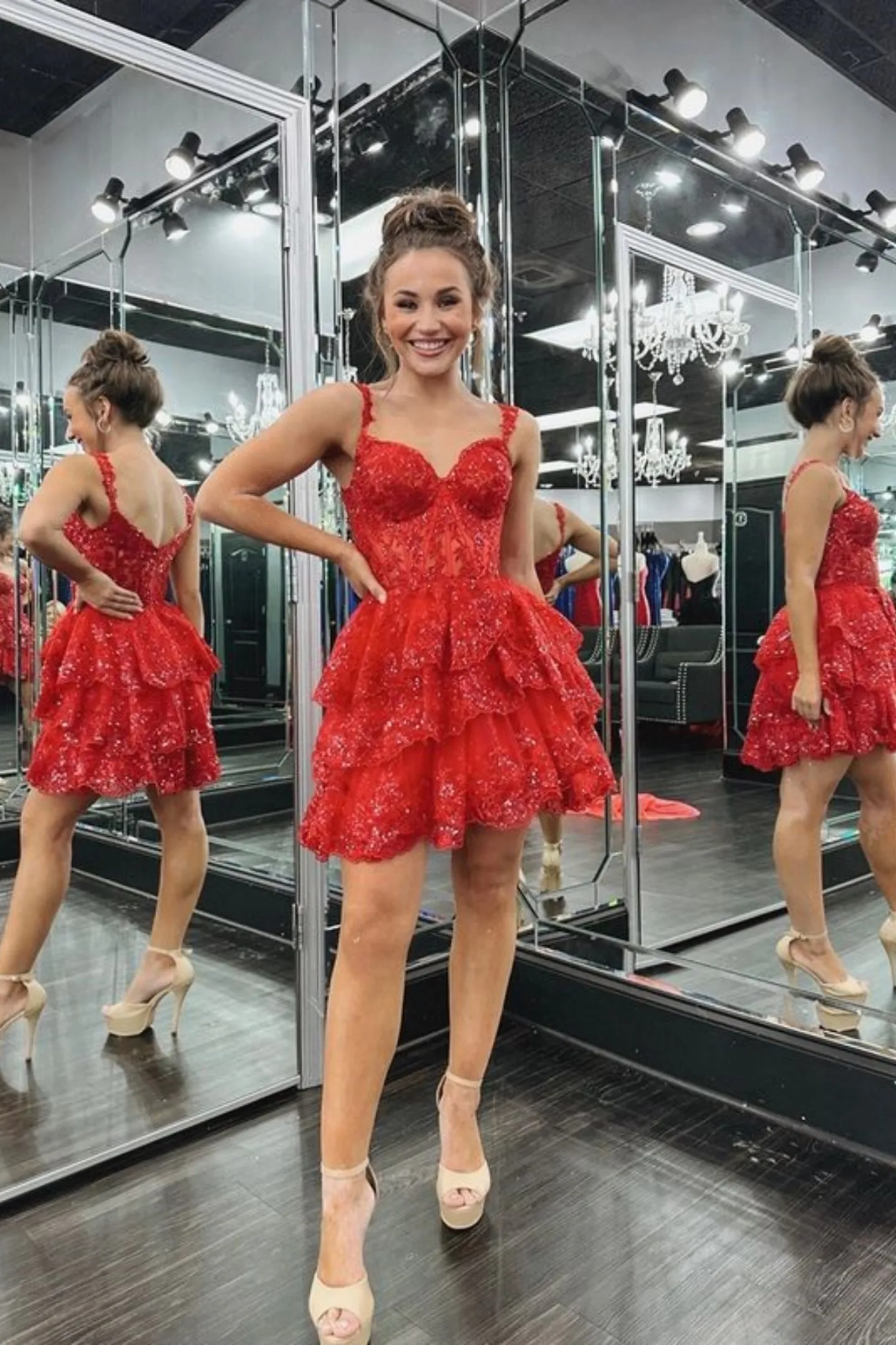 A Line V Neck Layered Red Lace Prom Dress, Short Red Lace Homecoming Dress, Red Formal Graduation Evening Dress A2197