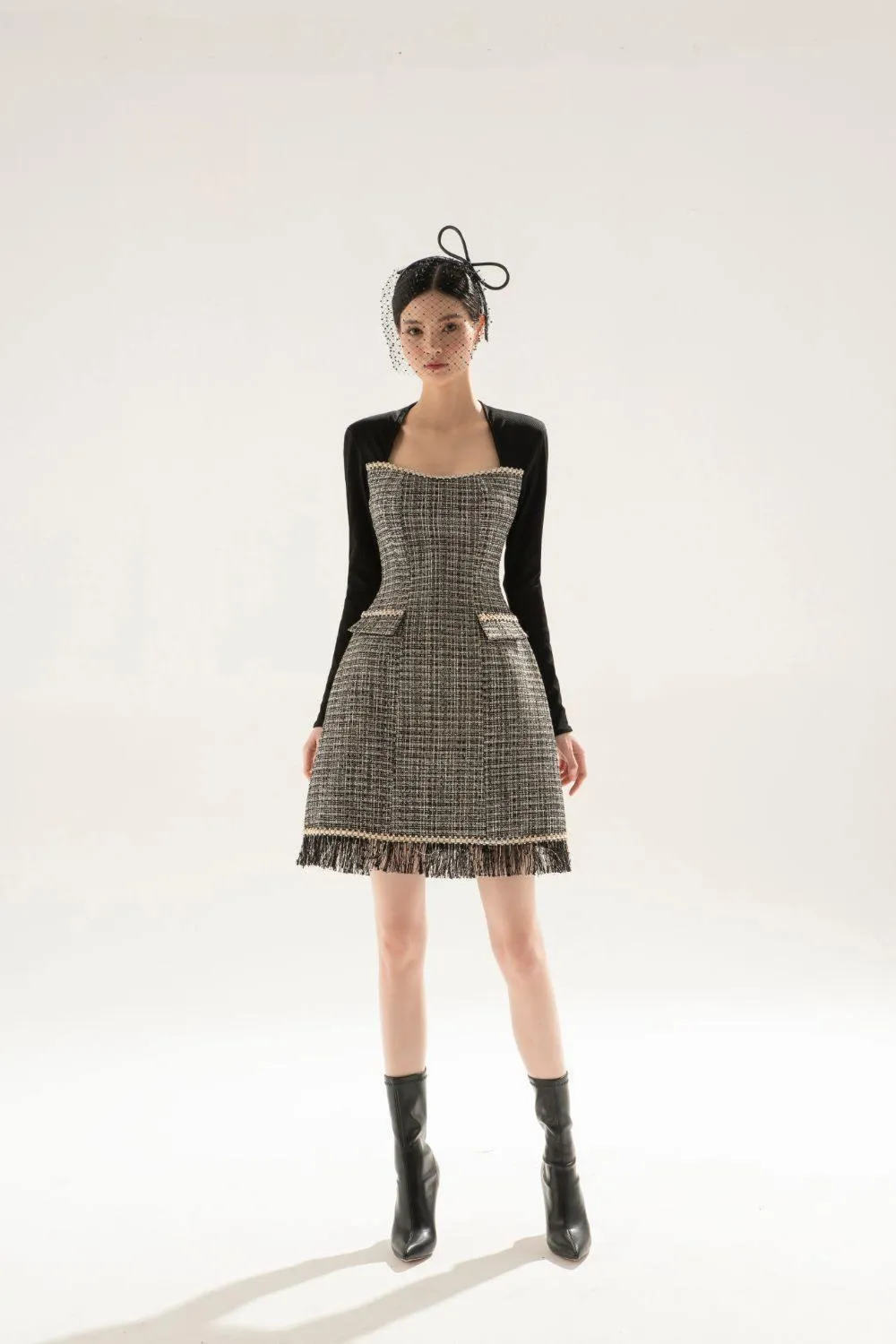 Amora A-line Square Neck Tweed Mini Dress