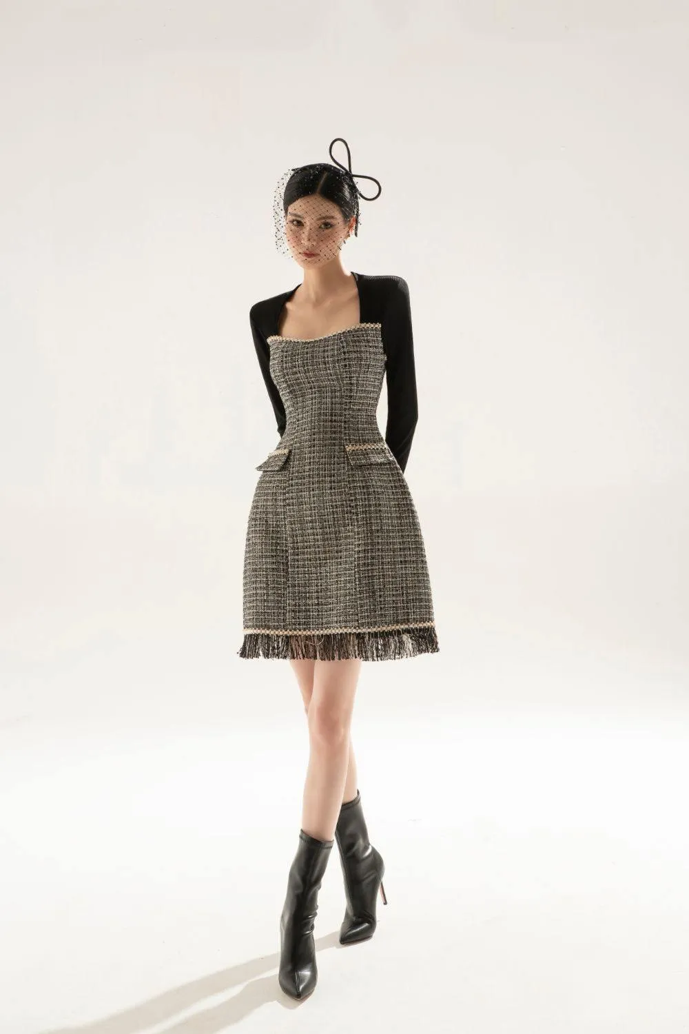 Amora A-line Square Neck Tweed Mini Dress