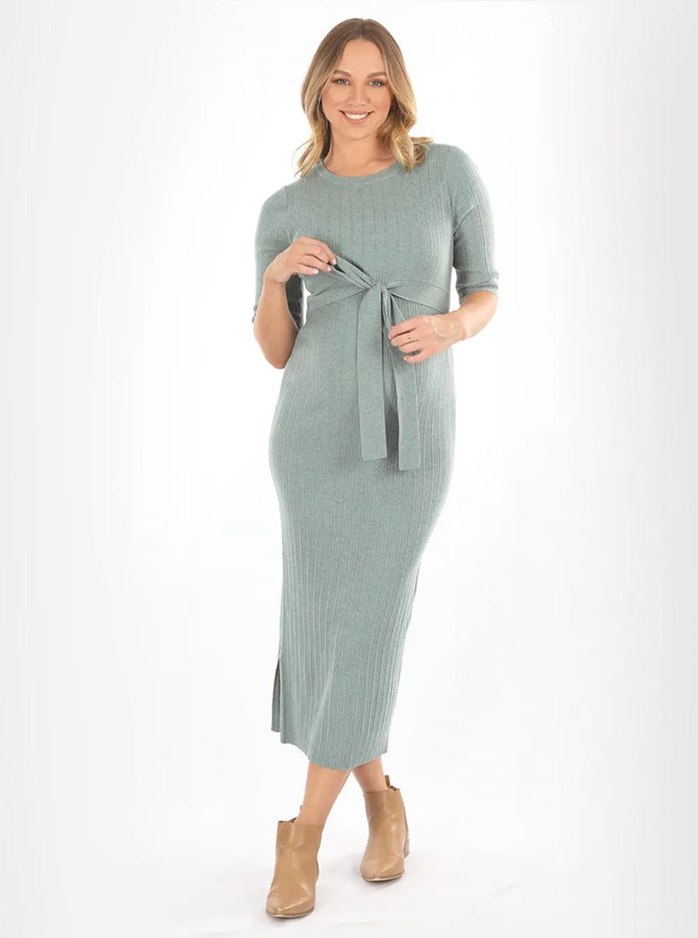 Annabella Maternity Knit Midi Dress in Sage Green