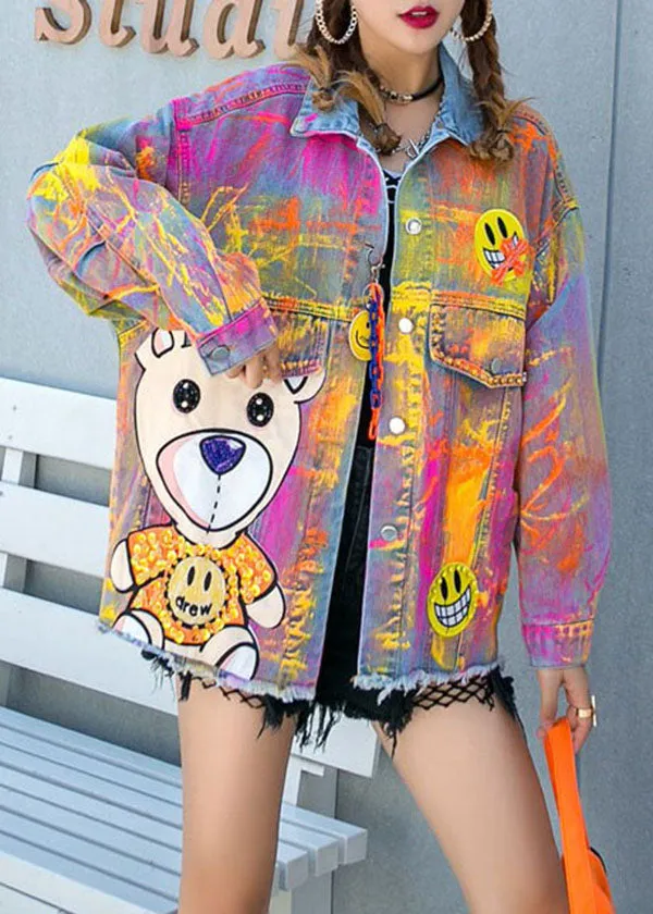 Art Yellow Graphic Zircon Nail Bead Patchwork Denim Coat Spring LY5255