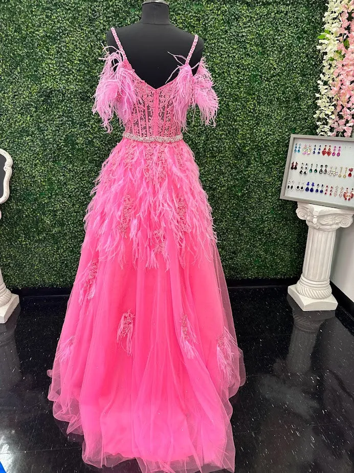 Ashley Lauren 11447 Size 4 Pink Long off the shoulder Feather Ball Gown Prom Dress Lace Corset Formal