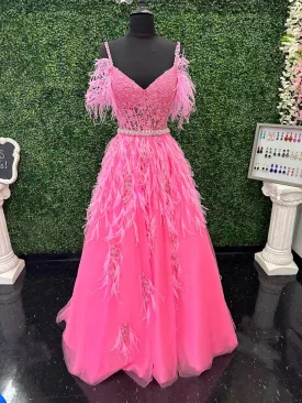 Ashley Lauren 11447 Size 4 Pink Long off the shoulder Feather Ball Gown Prom Dress Lace Corset Formal