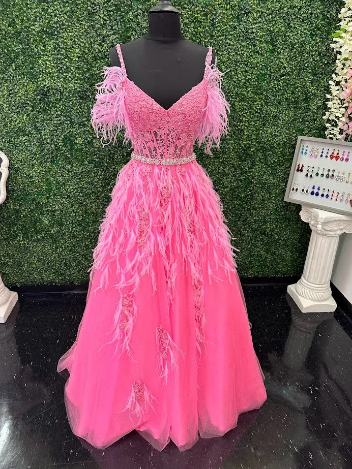 Ashley Lauren 11447 Size 4 Pink Long off the shoulder Feather Ball Gown Prom Dress Lace Corset Formal