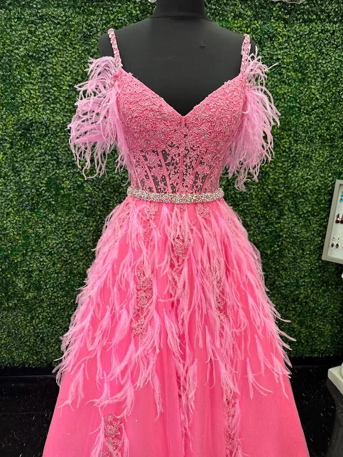 Ashley Lauren 11447 Size 4 Pink Long off the shoulder Feather Ball Gown Prom Dress Lace Corset Formal