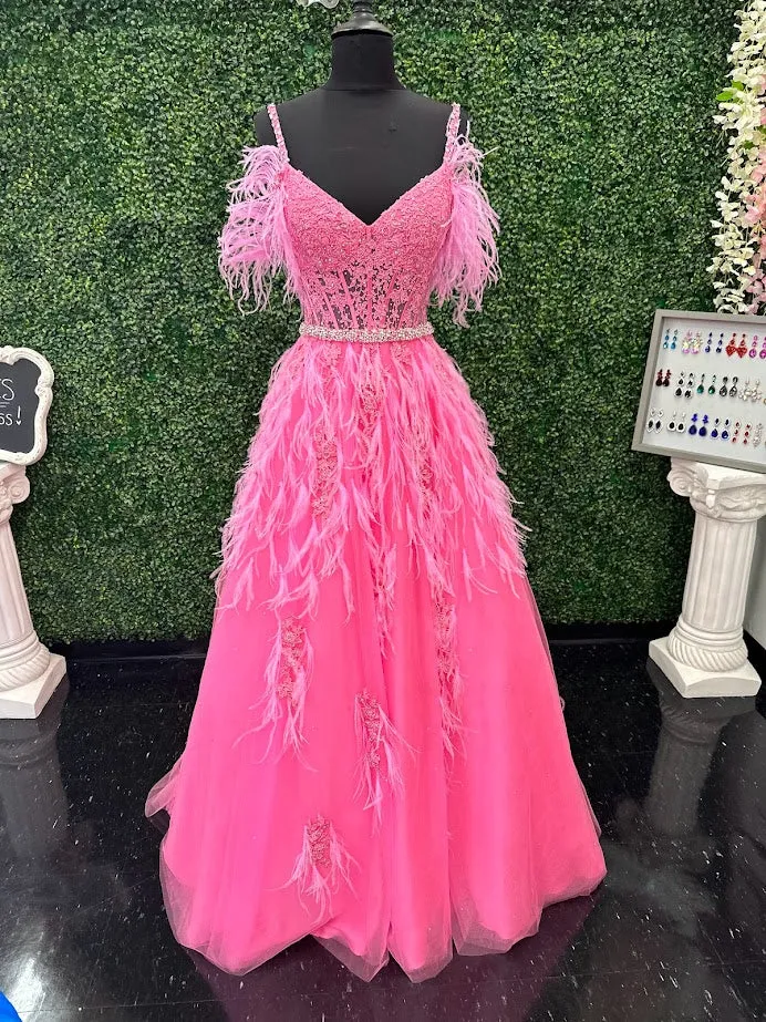 Ashley Lauren 11447 Size 4 Pink Long off the shoulder Feather Ball Gown Prom Dress Lace Corset Formal