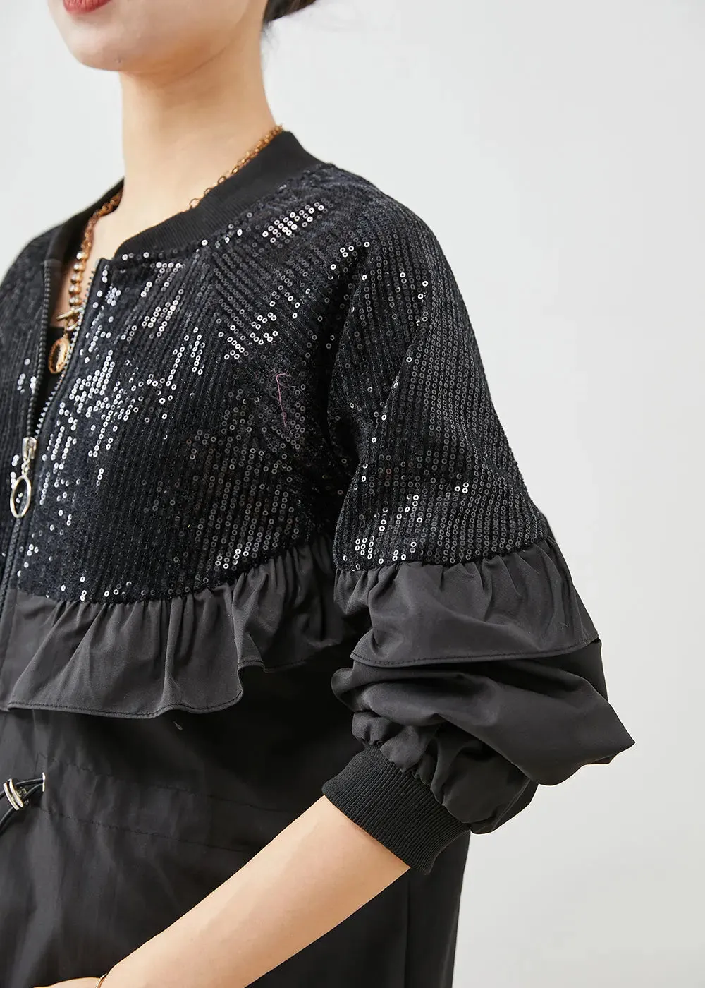 Black Sequins Patchwork Ruffles Cotton Coat