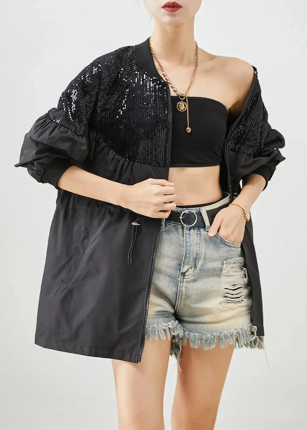 Black Sequins Patchwork Ruffles Cotton Coat