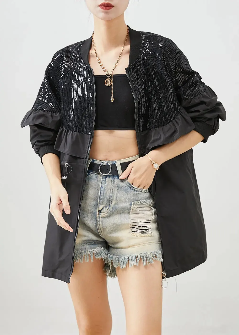 Black Sequins Patchwork Ruffles Cotton Coat