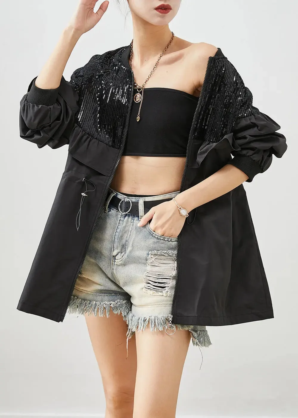 Black Sequins Patchwork Ruffles Cotton Coat