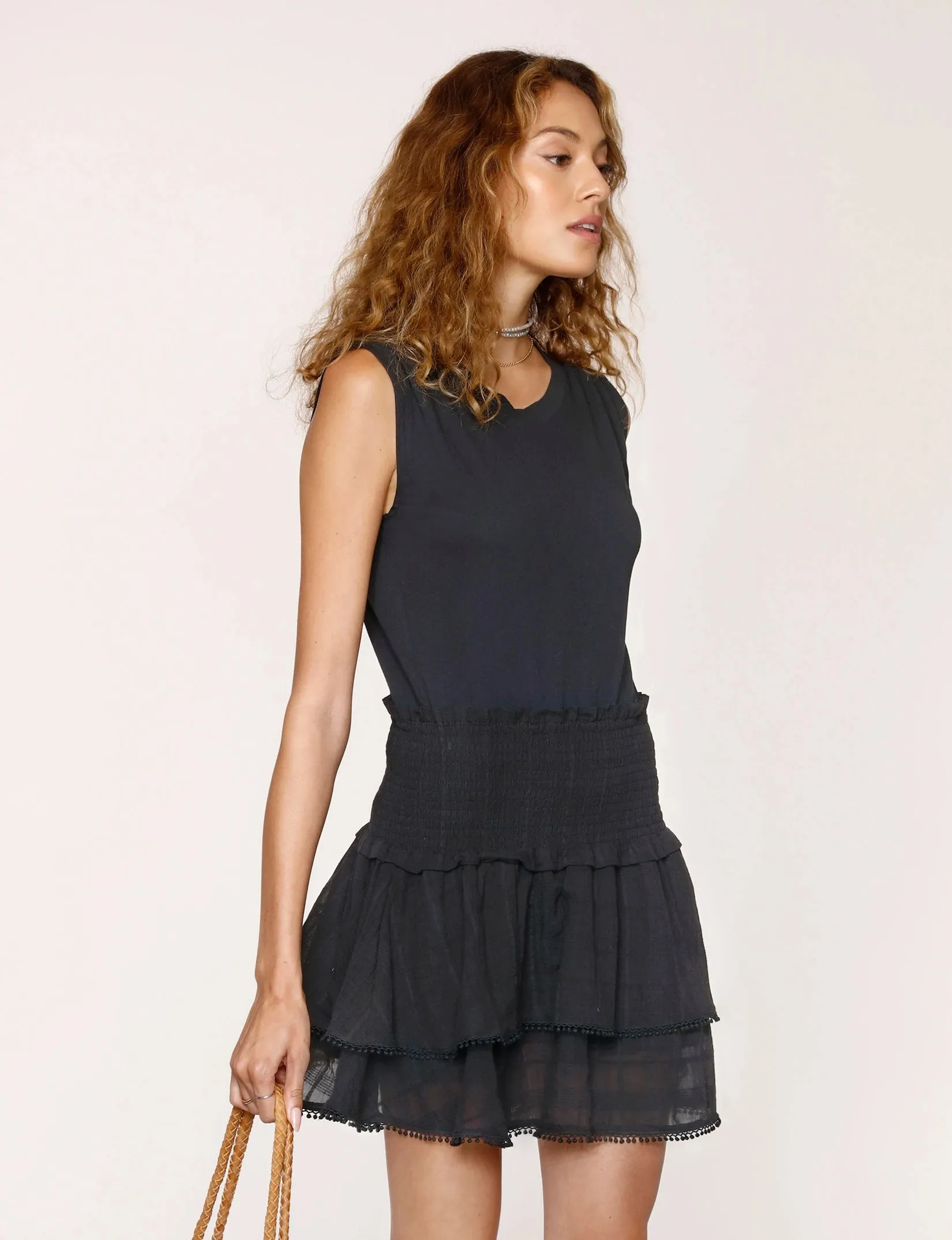 Black Smocked Waist Ruffled Bandie Dress