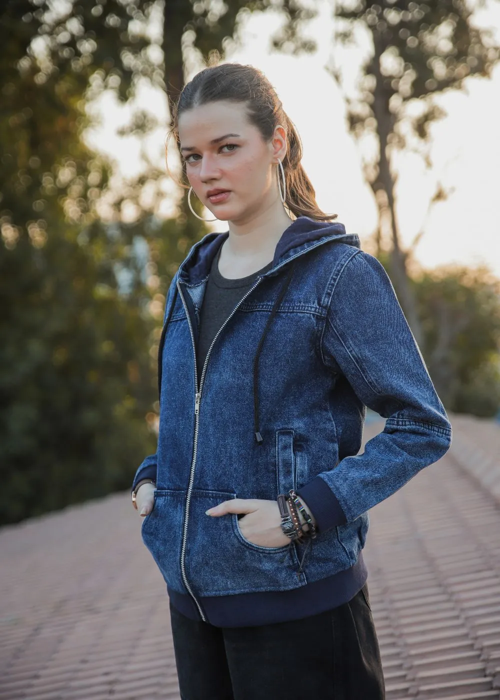 Blue Denim Hoodie with Zipper