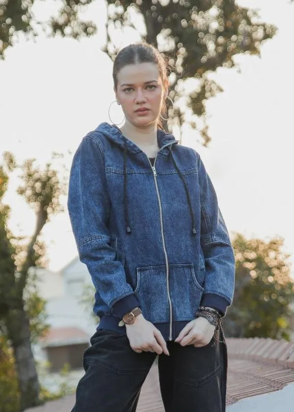 Blue Denim Hoodie with Zipper