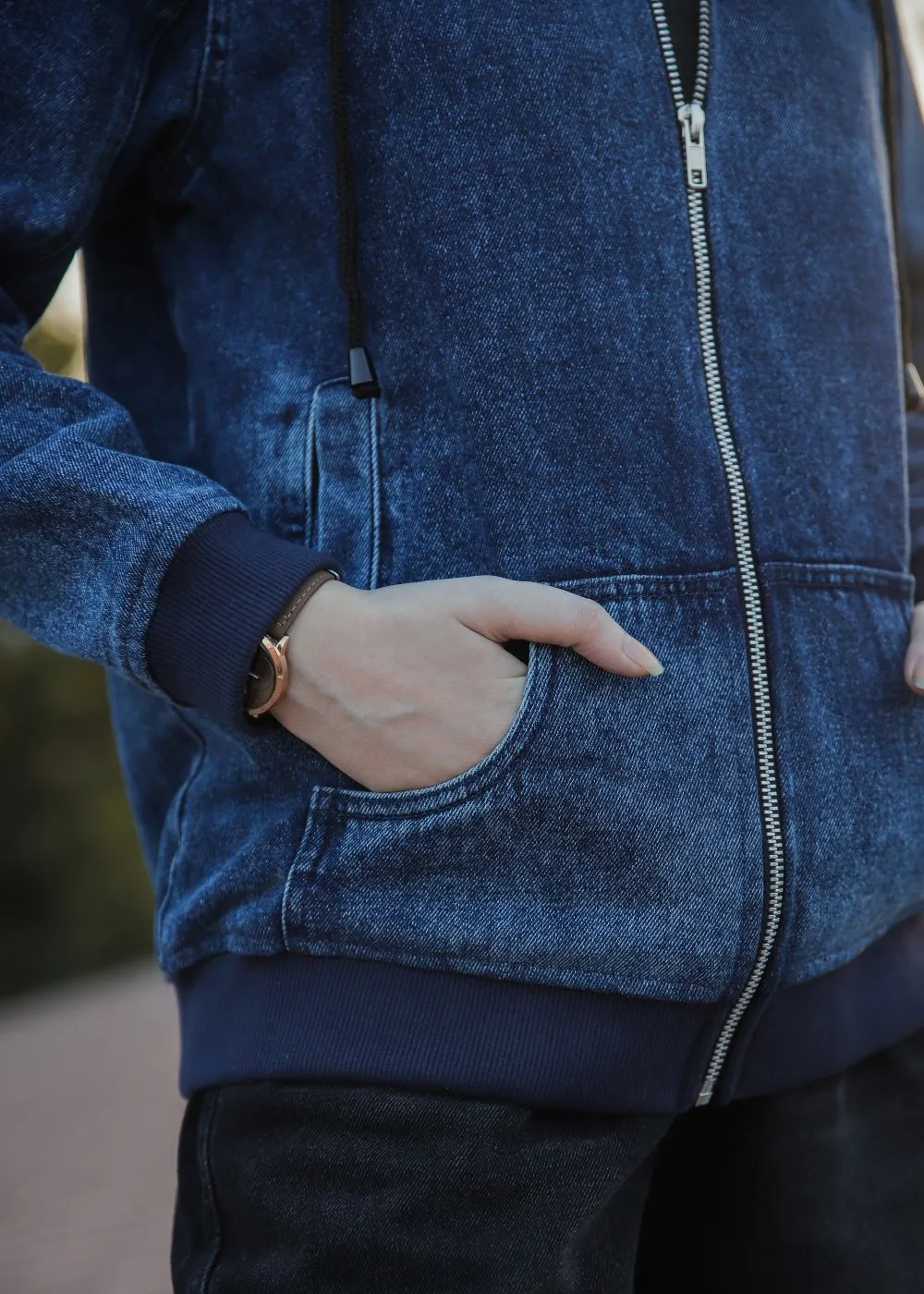 Blue Denim Hoodie with Zipper