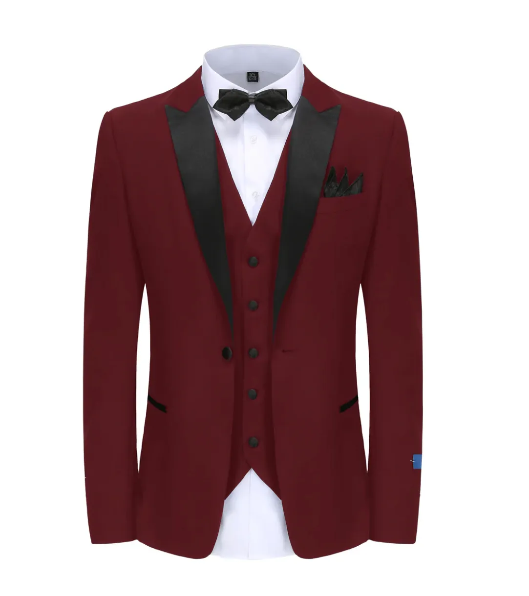 Burgundy men Tuxedo Slim-Fit Black Satin Peak Lapel One Button TX-500