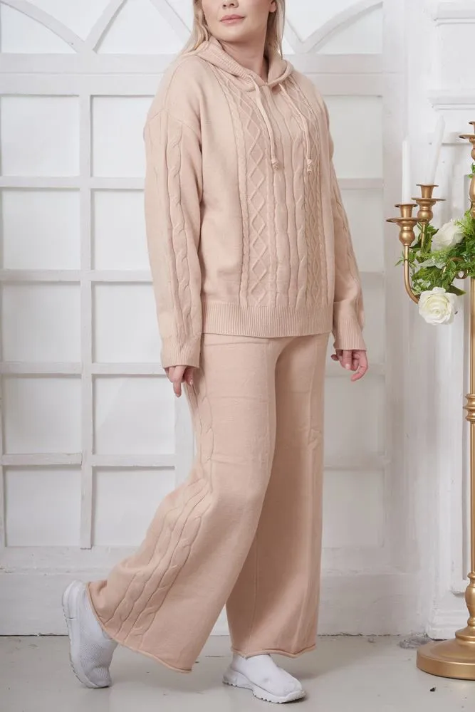 Cable Knit Pattern Hoodie Wide Leg Knit Co-Ord