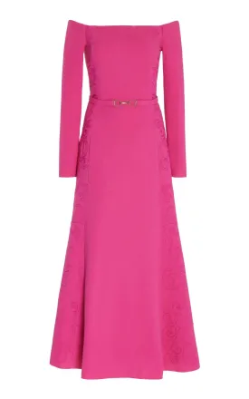 Carole Embroidered Dress in Fuchia Virgin Wool Crepe