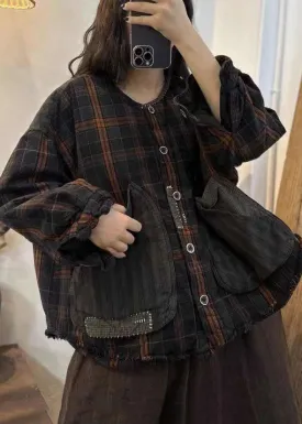 Casual Black Brown Plaid Oversized Patchwork Big Pockets Fine Cotton Filled Coat Winter