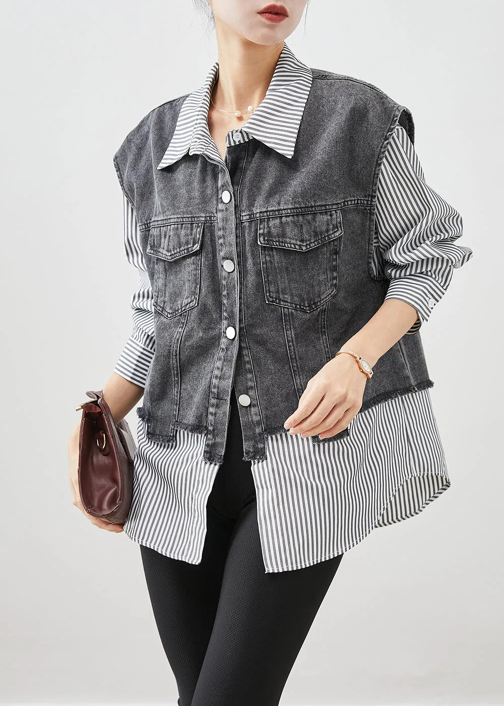 Casual Black Striped Patchwork Denim Coat Outwear Fall ML2508