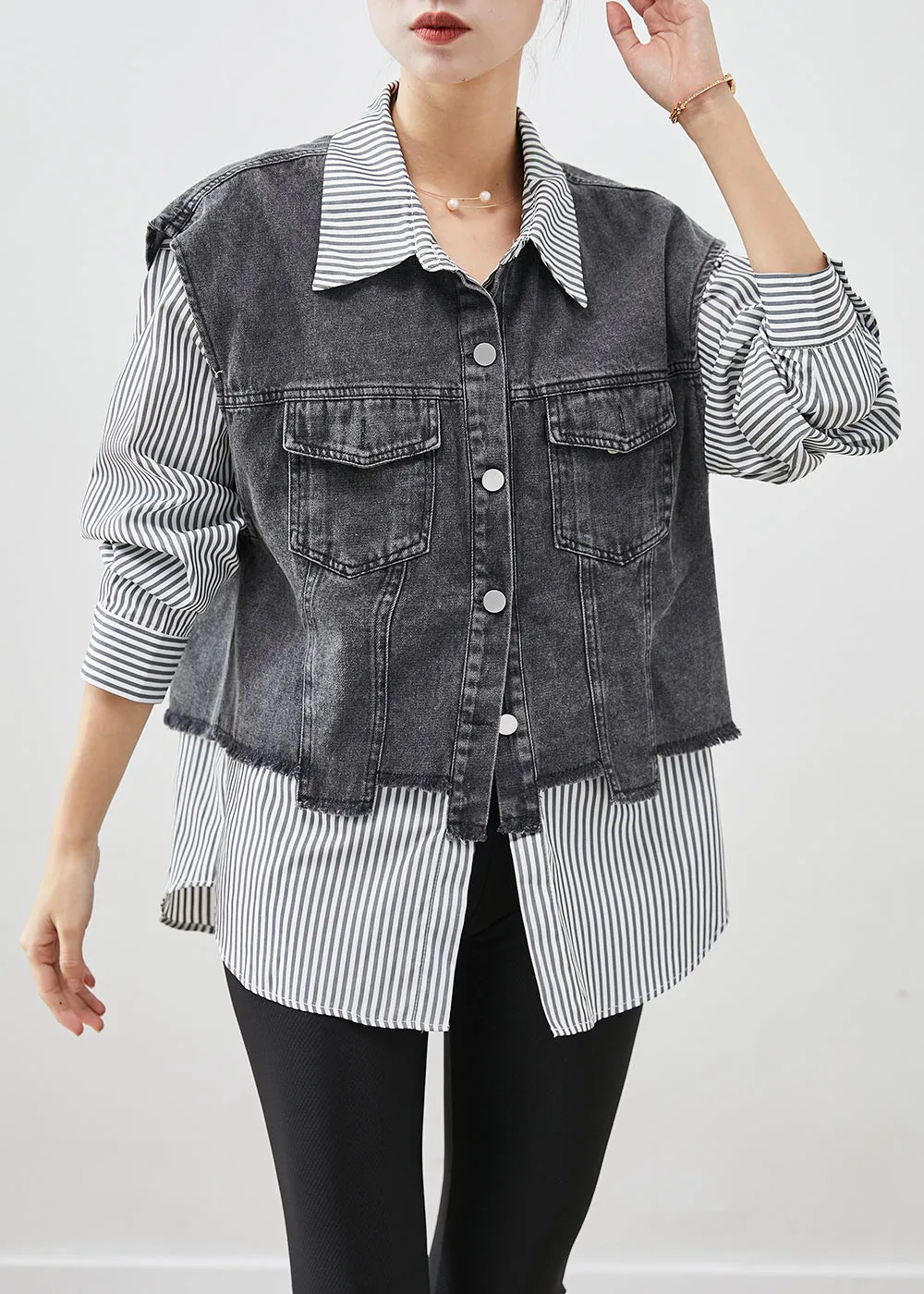 Casual Black Striped Patchwork Denim Coat Outwear Fall ML2508