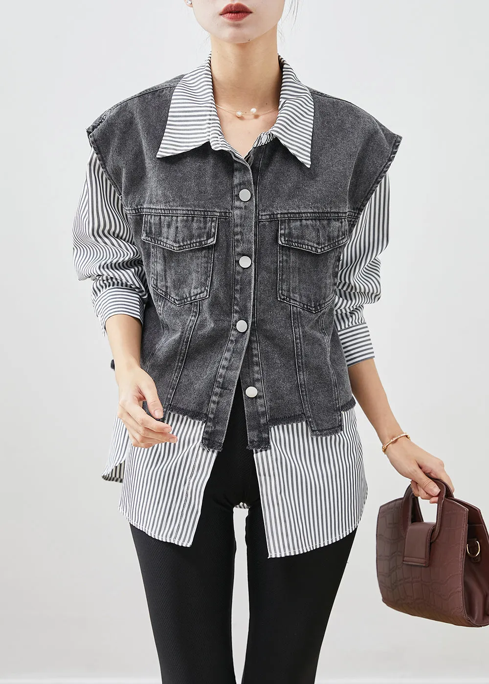 Casual Black Striped Patchwork Denim Coat Outwear Fall ML2508