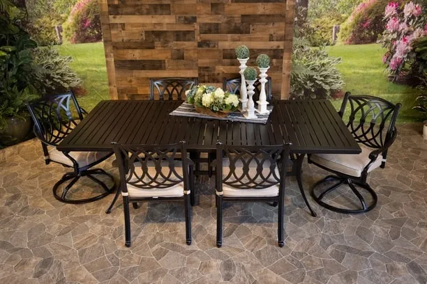 CHELSEA 7 PIECE DINING SET - 46" x 93" Stone Harbor Dining Table, 4 Chairs and 2 Swivel Chairs