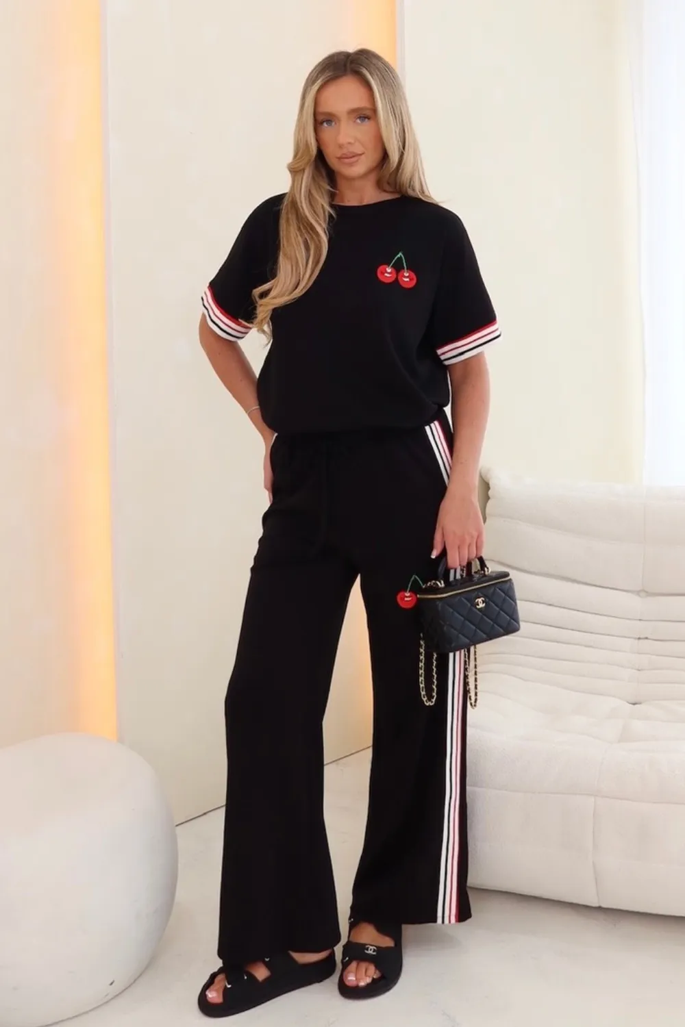 Cherry embroidered black t-shirt straight leg jogger loungewear