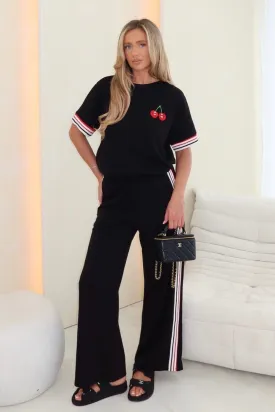 Cherry embroidered black t-shirt straight leg jogger loungewear