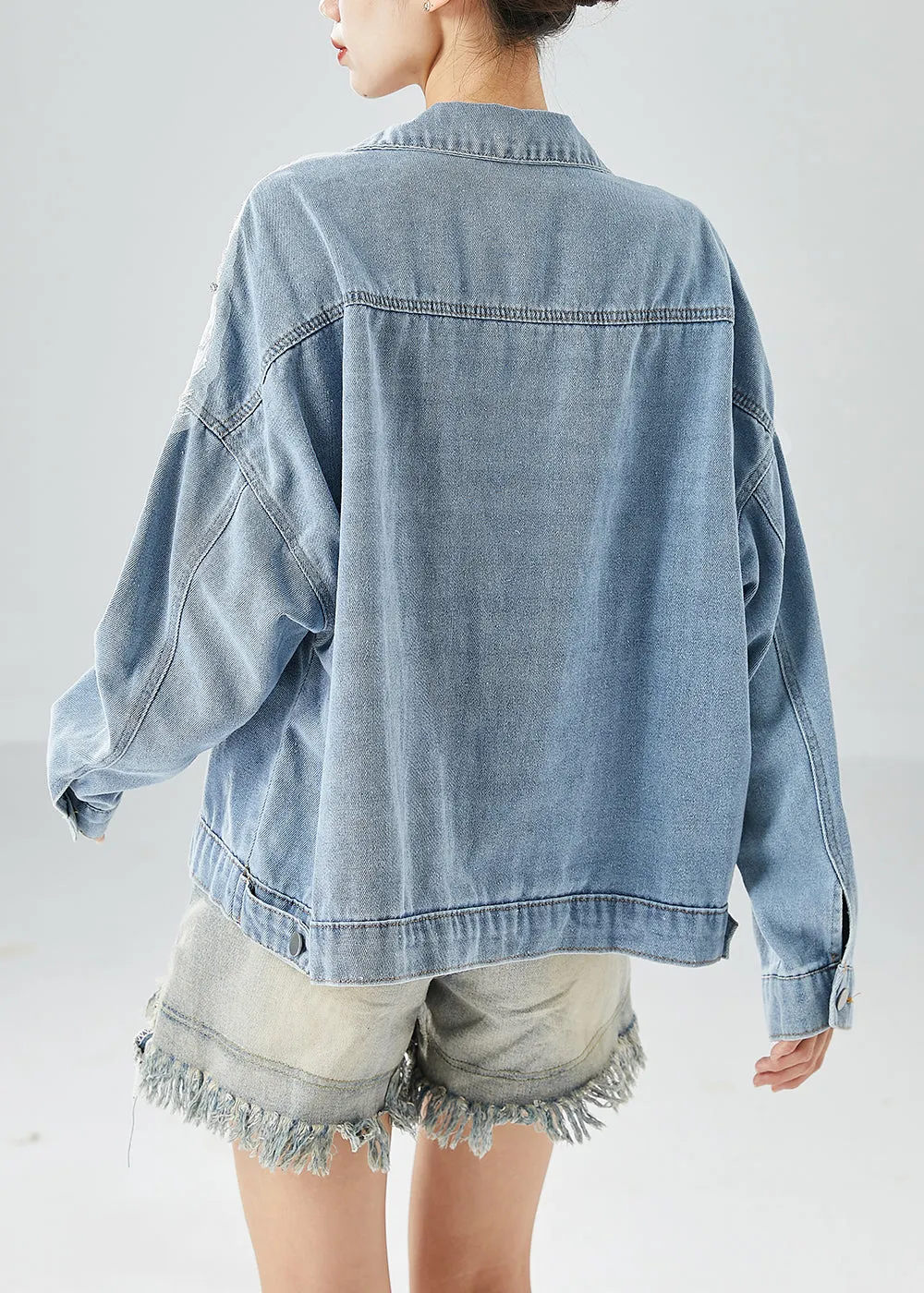 Diy Light Blue Hollow Out Patchwork Zircon Denim Coat Outwear Fall LY6086