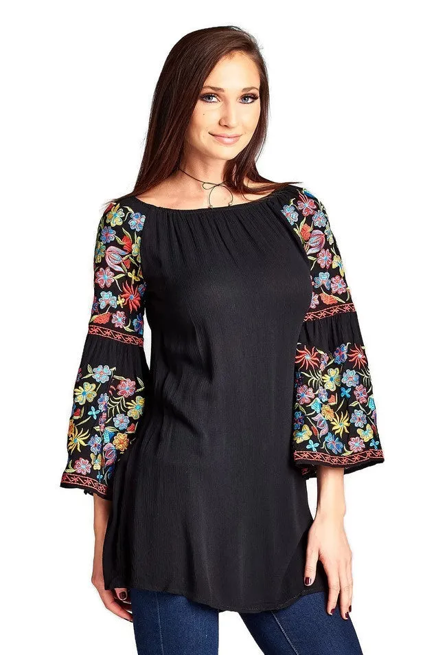 Floral Embroidered Off The Shoulder Dress, Black