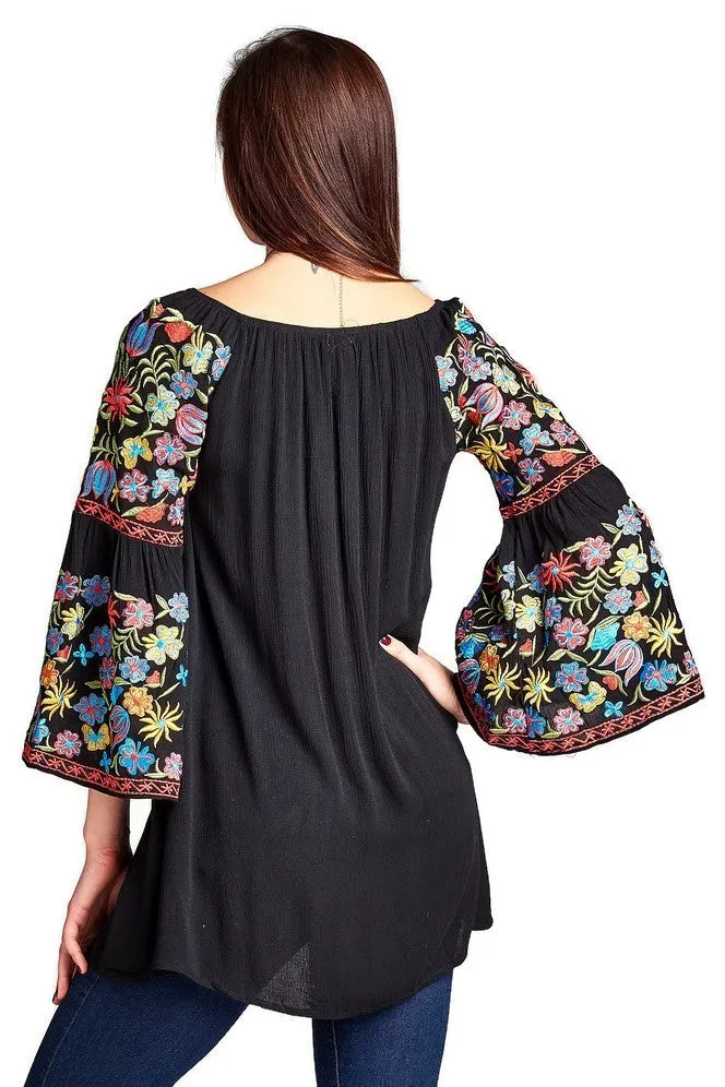 Floral Embroidered Off The Shoulder Dress, Black