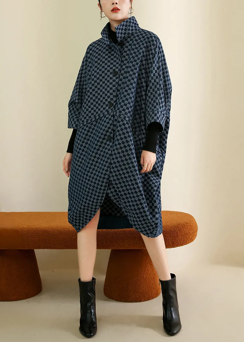 French Navy Plaid Button Patchwork Cotton Coat Batwing Sleeve LY9388