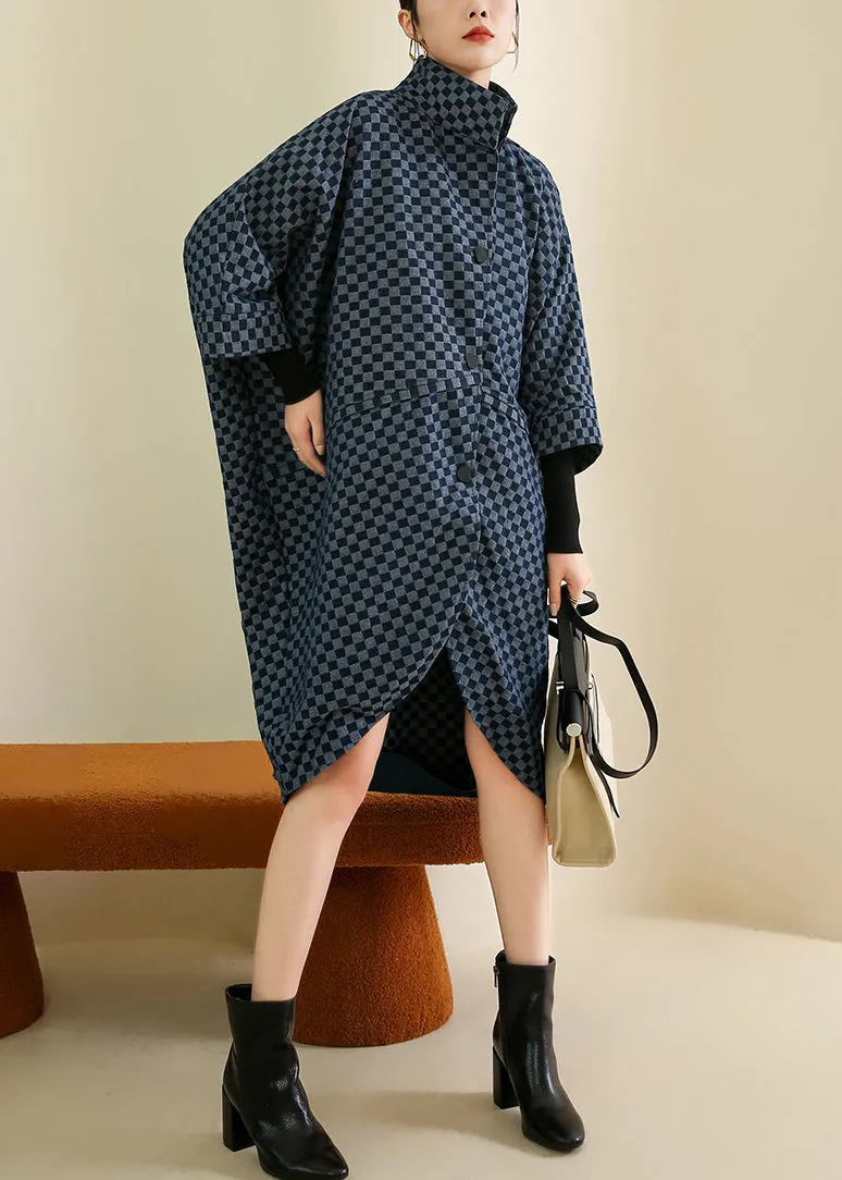 French Navy Plaid Button Patchwork Cotton Coat Batwing Sleeve LY9388