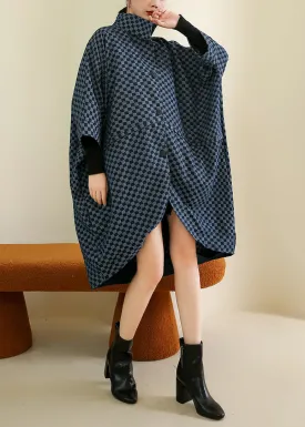 French Navy Plaid Button Patchwork Cotton Coat Batwing Sleeve LY9388