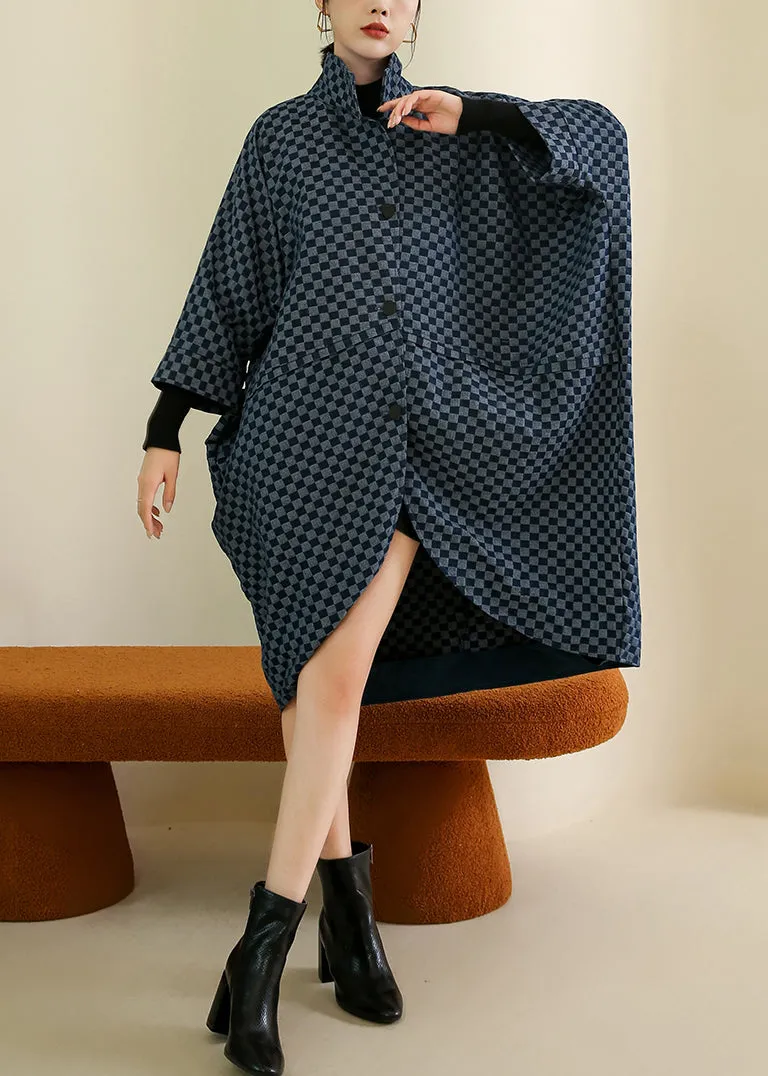 French Navy Plaid Button Patchwork Cotton Coat Batwing Sleeve LY9388