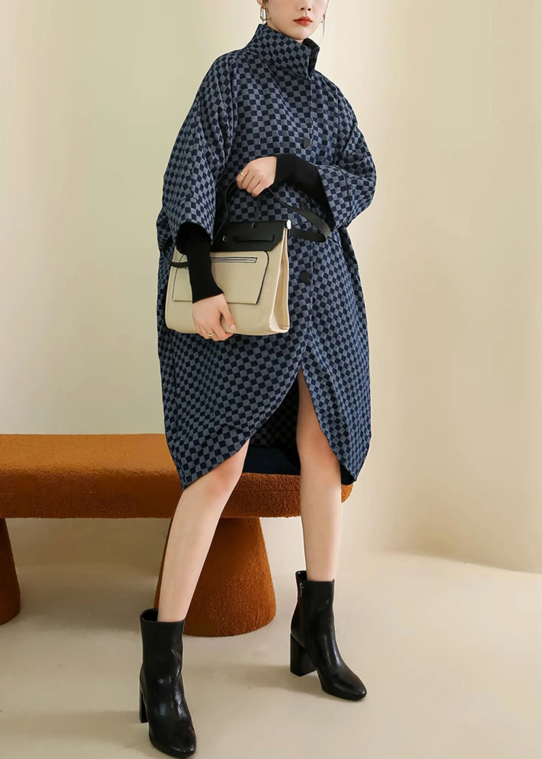 French Navy Plaid Button Patchwork Cotton Coat Batwing Sleeve LY9388