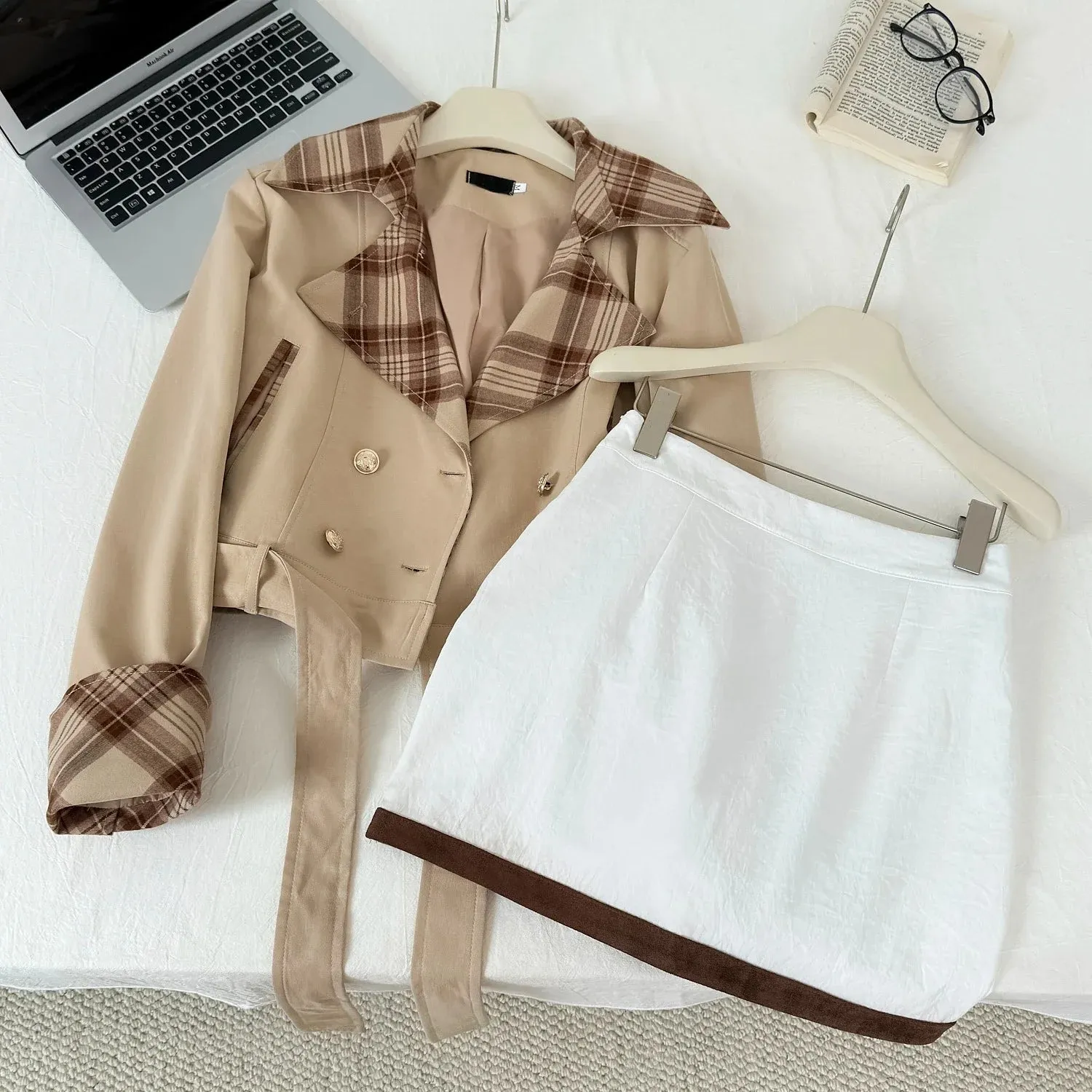 Girlary Winter Japanese Sweet Patchwork 2 Piece Set Women Plaid Y2k Belt Coat   White Mini Skirt New Chic Design College Style Suit 2024