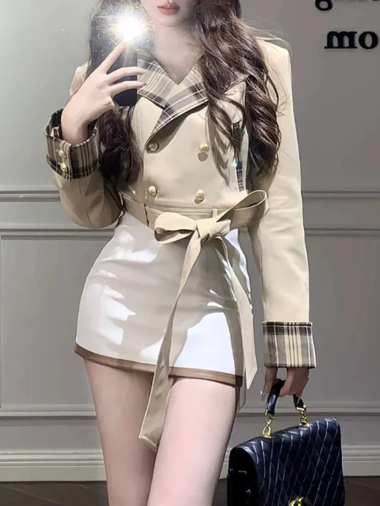 Girlary Winter Japanese Sweet Patchwork 2 Piece Set Women Plaid Y2k Belt Coat   White Mini Skirt New Chic Design College Style Suit 2024