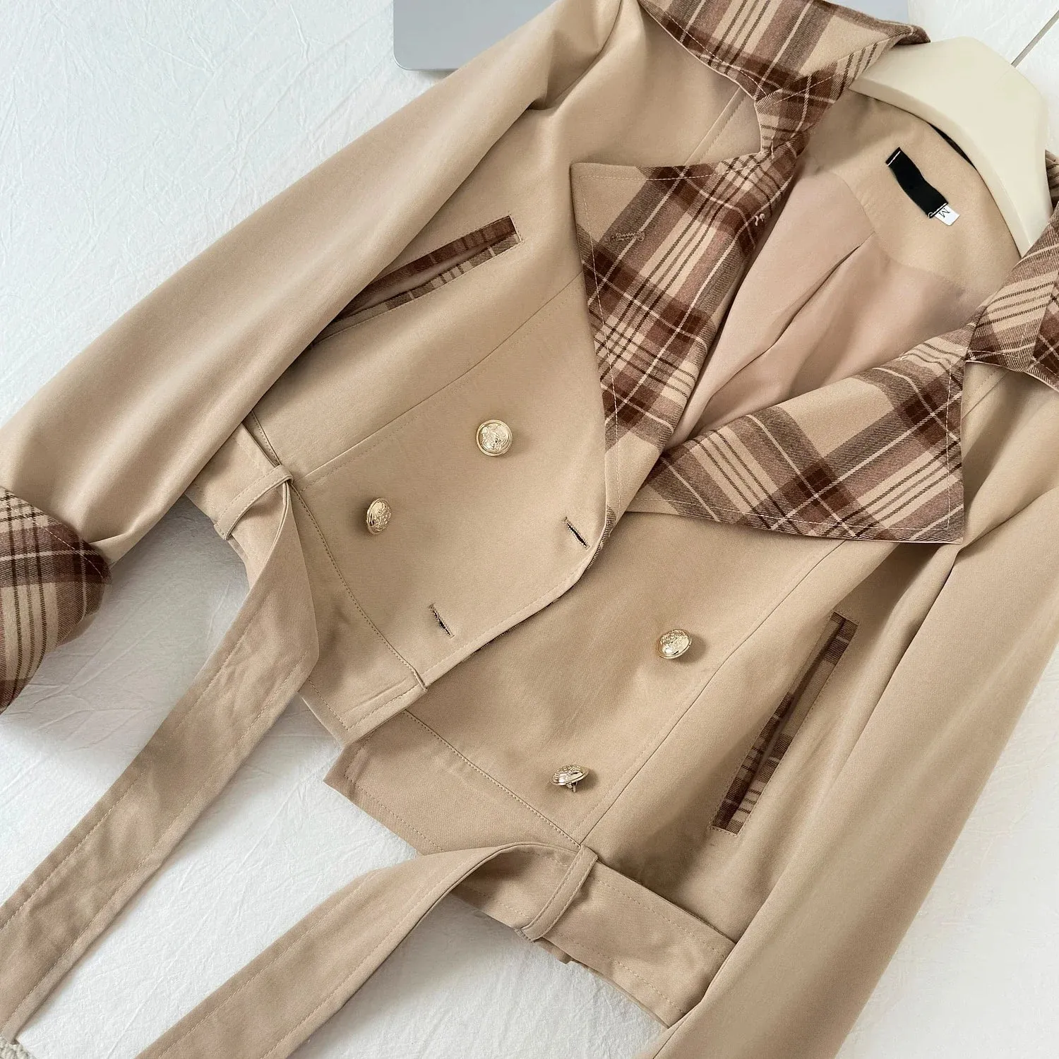 Girlary Winter Japanese Sweet Patchwork 2 Piece Set Women Plaid Y2k Belt Coat   White Mini Skirt New Chic Design College Style Suit 2024