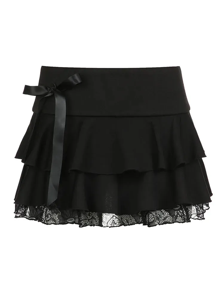 Girlary Woman Chiffon Skirt Casual Pleated Low Waist Skirt Elastic Waist A-line Lace Up Skirt Mini Fashion Elegant Chic Kawaii Sexy Hot