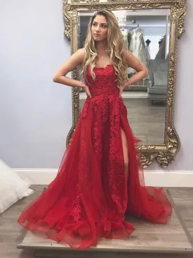 Gorgeous Long Appliques Burgundy Lace Prom with High Slit, Burgundy Lace Formal, Burgundy Evening